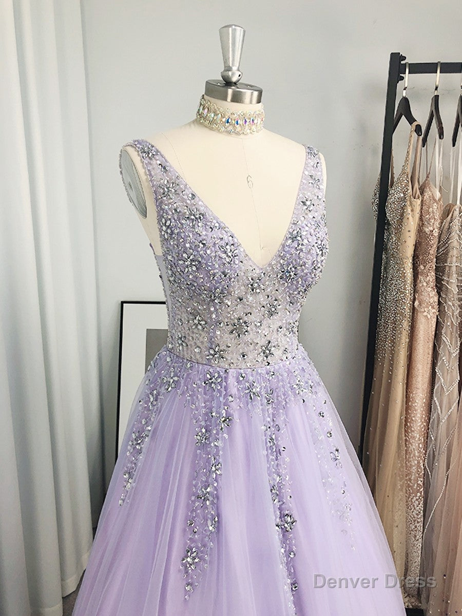 A-line V-neck Beading Floor-Length Tulle Dress