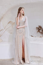 A Line V Neck Beading Split Tulle Sweep Train Prom Dresses