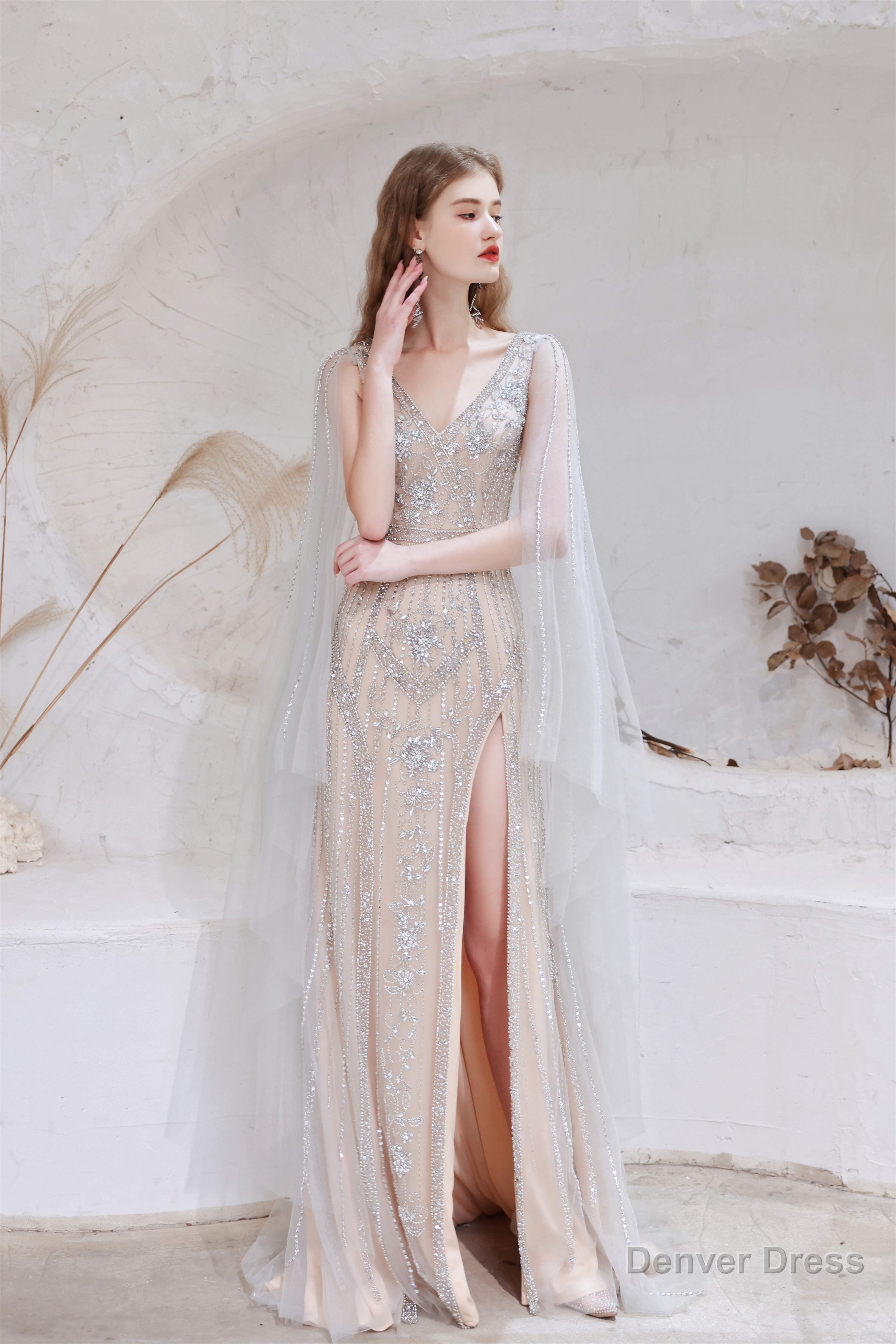 A Line V Neck Beading Split Tulle Sweep Train Prom Dresses