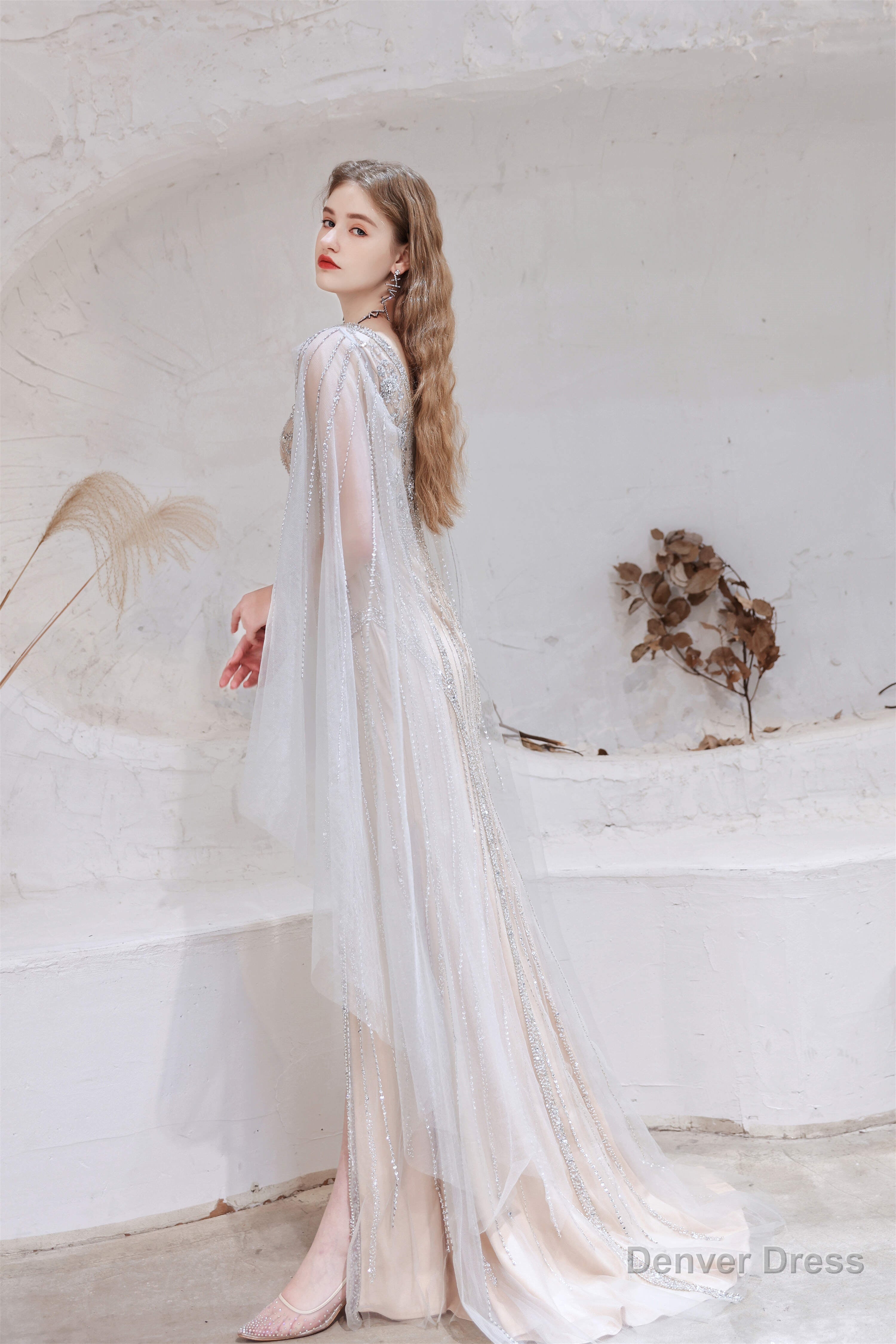 A Line V Neck Beading Split Tulle Sweep Train Prom Dresses