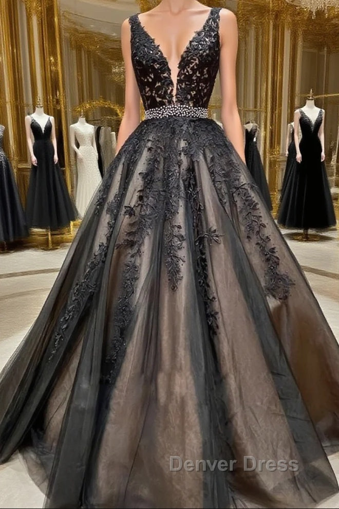 A Line V Neck Black Lace Prom Dress, Black Lace Prom Dresses Main image