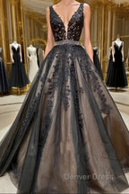 A Line V Neck Black Lace Prom Dress, Black Lace Prom Dresses