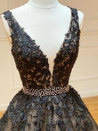A Line V Neck Black Lace Prom Dress, Black Lace Prom Dresses