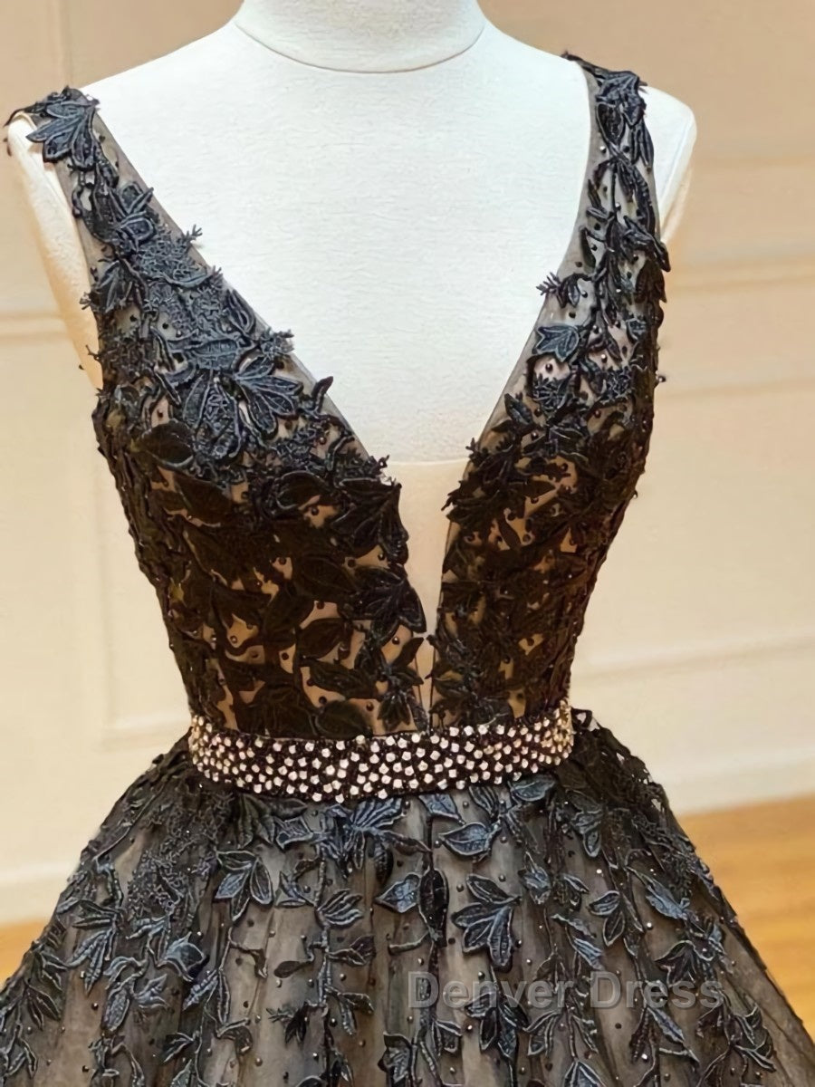 A Line V Neck Black Lace Prom Dress, Black Lace Prom Dresses
