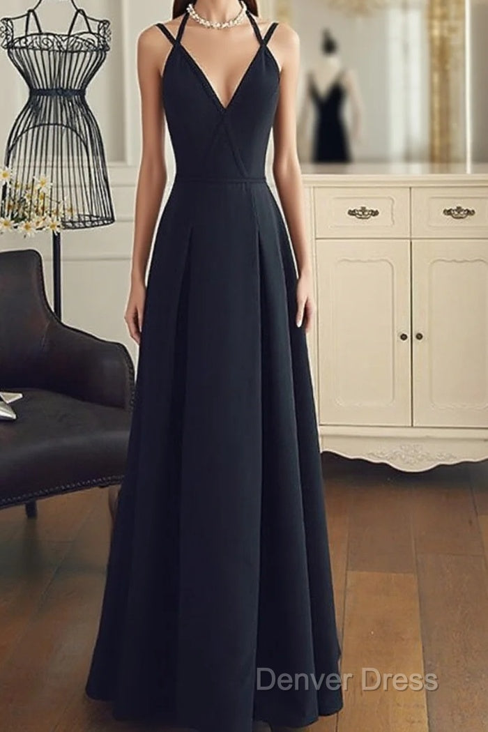 A Line V Neck Black Long Prom Dresses With Corss Back, Black Long Formal Evening Graduation Dresses Main image