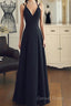 A Line V Neck Black Long Prom Dresses With Corss Back, Black Long Formal Evening Graduation Dresses