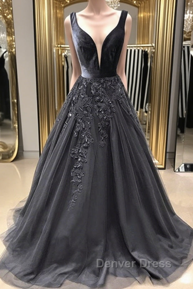 A Line V Neck Black Long Prom Dress with Lace Appliques, V Neck Black Lace Prom Dresses