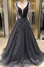A Line V Neck Black Long Prom Dress with Lace Appliques, V Neck Black Lace Prom Dresses