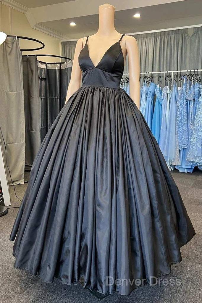 A Line V Neck Black Prom Dresses With Pocket Long Satin Formal Graduation Dresses