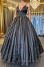 A Line V Neck Black Satin Long Prom Dress with Pocket, V Neck Black Prom Graduation Prom Dresses
