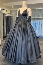 A Line V Neck Black Satin Long Prom Dress with Pocket, V Neck Black Prom Graduation Prom Dresses