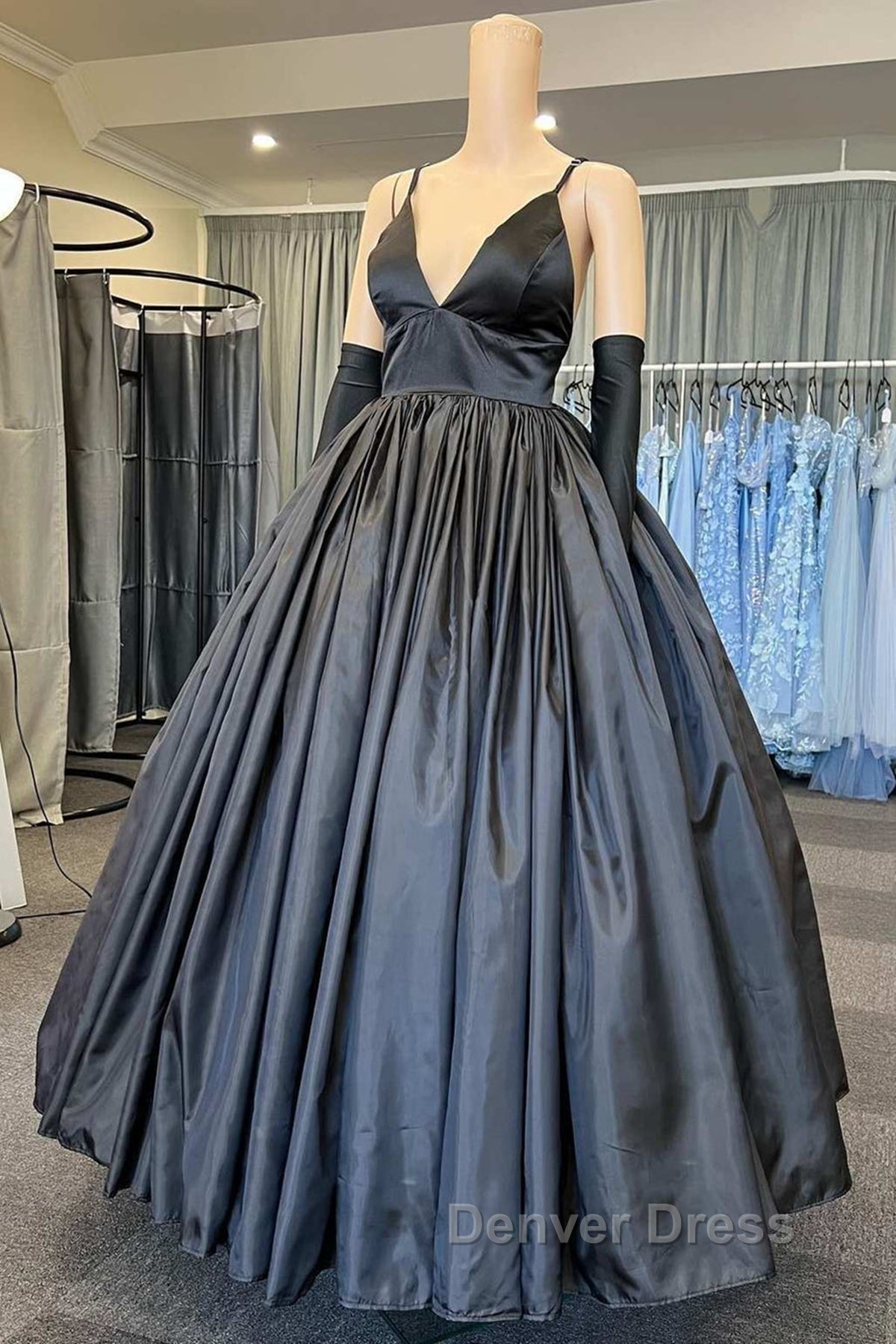 A Line V Neck Black Satin Long Prom Dress with Pocket, V Neck Black Prom Graduation Prom Dresses