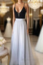 A Line V Neck Black Top Gray Prom Dress, Gray Prom Dress, V Neck Black Top Gray Prom Dress, Graduation Dresses