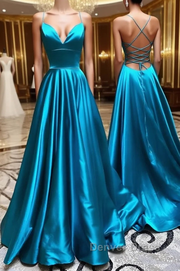 A Line V Neck Blue Backless Long Prom Dress, Open Back Blue Long Prom Dresses