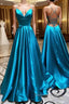 A Line V Neck Blue Backless Long Prom Dress, Open Back Blue Long Prom Dresses