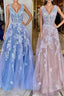 A Line V Neck Blue Champagne Lace Floral Long Prom Dress, Blue Champagne Lace Prom Dresses