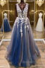 A Line V Neck Blue Lace Long Prom Dress, Long Blue Prom Dresses