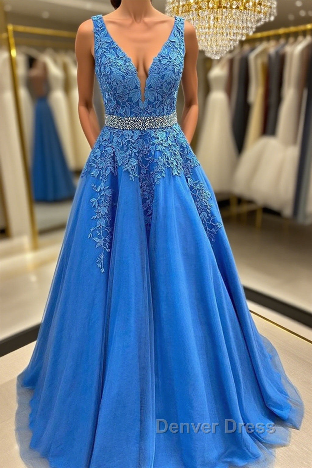 A Line V Neck Blue Lace Long Prom Dress with Belt, Blue Lace Prom Dresses Main image