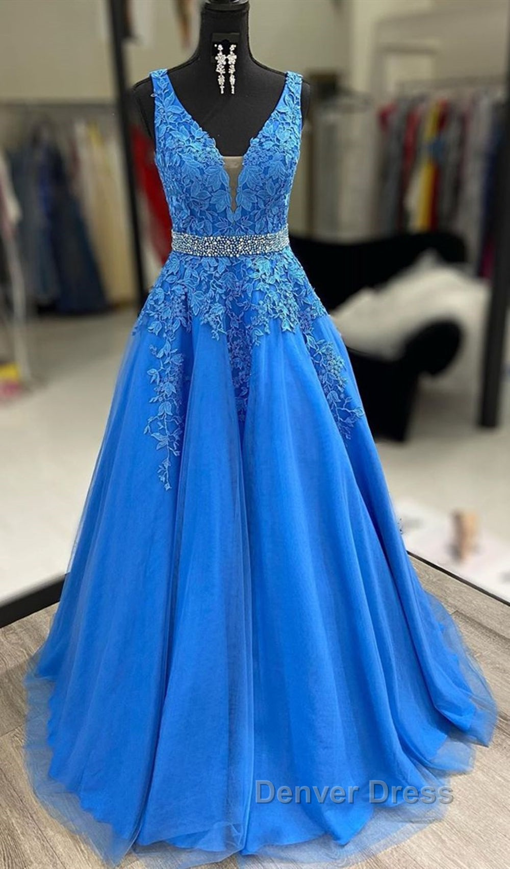 A Line V Neck Blue Lace Long Prom Dress with Belt, Blue Lace Prom Dresses Secondary image