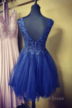 A Line V Neck Blue Lace Short Prom Dress, Blue Lace Homecoming Dress, Short Blue Prom Dresses