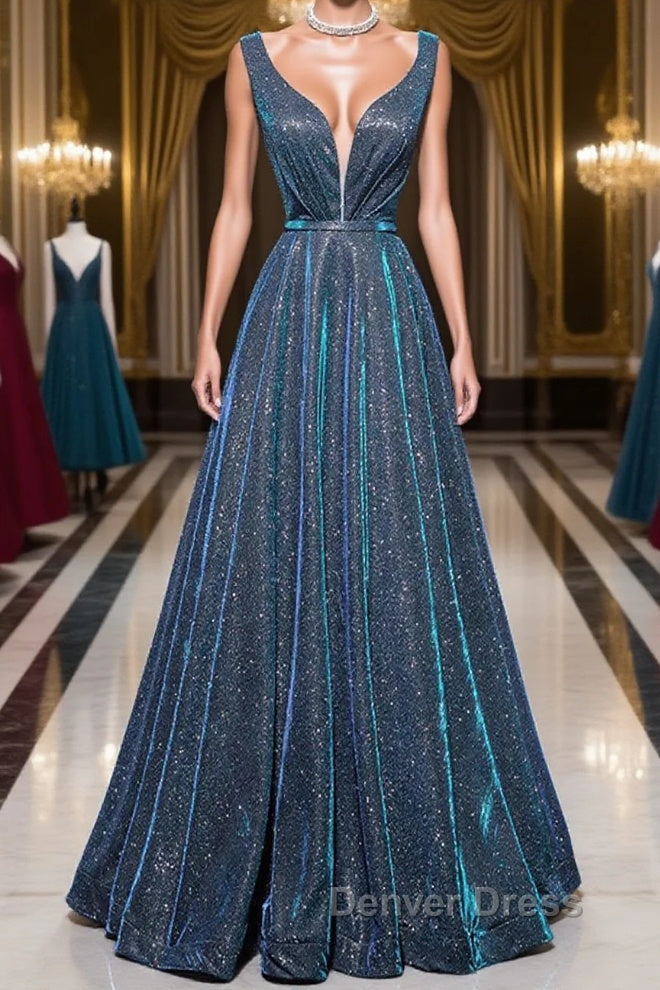 A Line V Neck Blue Long Prom Dress, Blue Prom Dresses