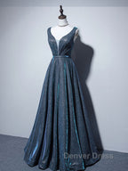 A-line V Neck Blue Long Prom Dresses, Blue Formal Dresses