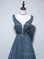 A Line V Neck Blue Long Prom Dress, Blue Prom Dresses