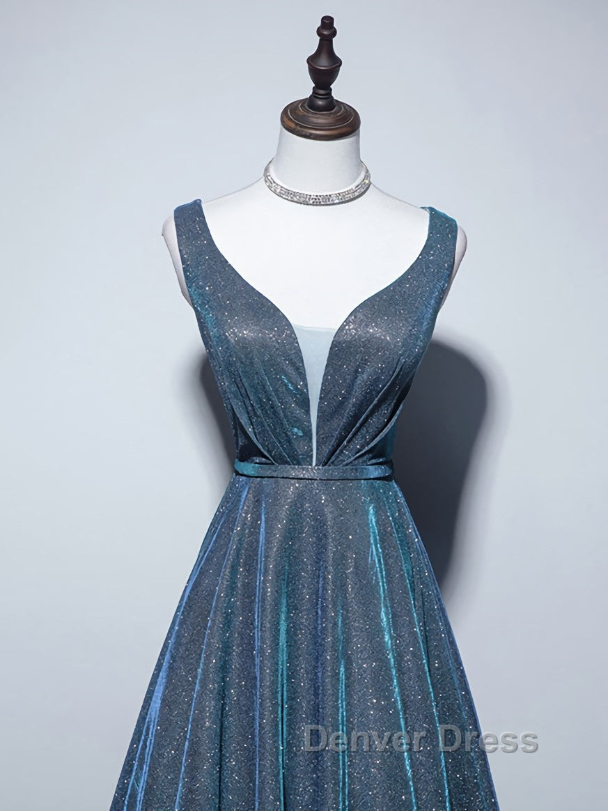 A Line V Neck Blue Long Prom Dress, Blue Prom Dresses