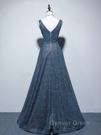 A-line V Neck Blue Long Prom Dresses, Blue Formal Dresses