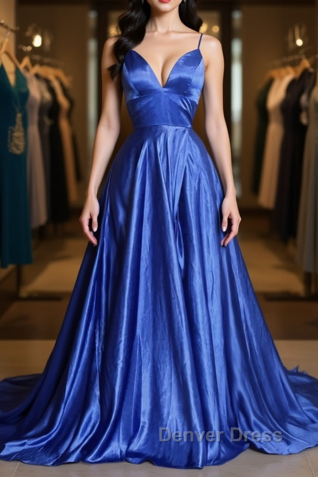 A Line V Neck Blue Long Prom Dress, V Neck Blue Prom Graduation Prom Dresses Main image