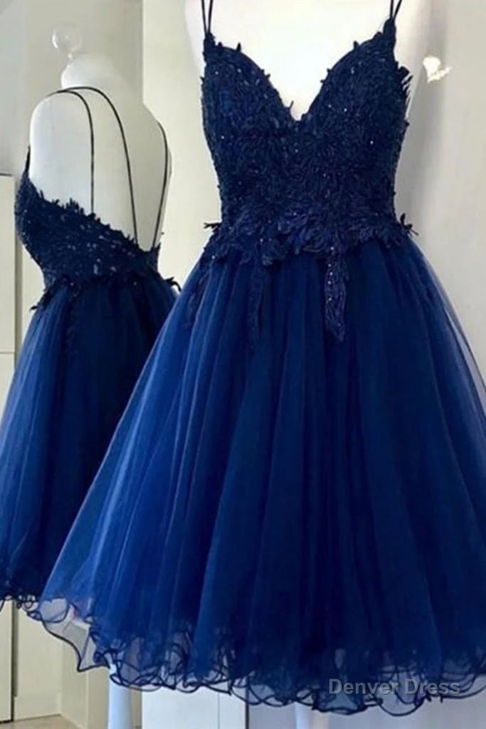 A Line V Neck Blue Short Prom Dress Backless Homecoming Dresses