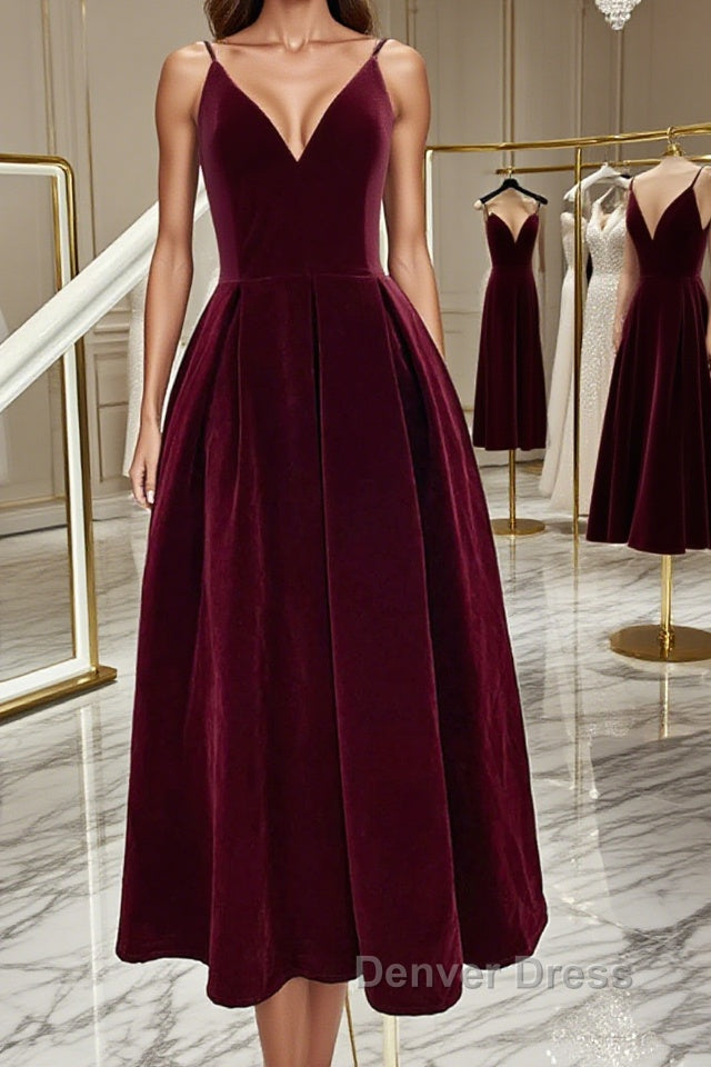 A Line V Neck Burgundy Black Tea Length Prom Dress, Short Black Wine Red Prom Homecoming Dresses Main image
