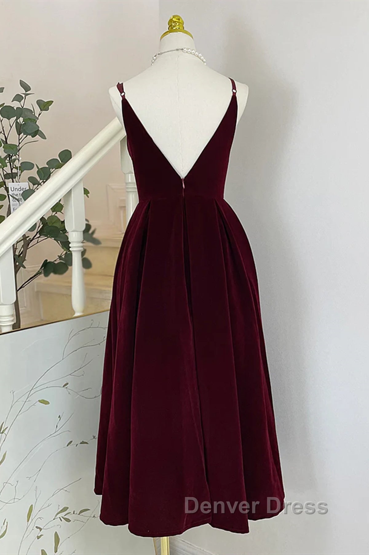 A Line V Neck Burgundy Black Tea Length Prom Dress, Short Black Wine Red Prom Homecoming Dresses