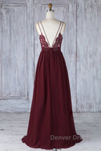 A Line V Neck Burgundy Chiffon Long Prom Dress with Lace Back, V Neck Lace Back Burgundy Prom Graduation Prom Dresses