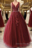 A Line V Neck Burgundy Lace Prom Dress, Burgundy Lace Prom Dress, Burgundy Prom Dresses