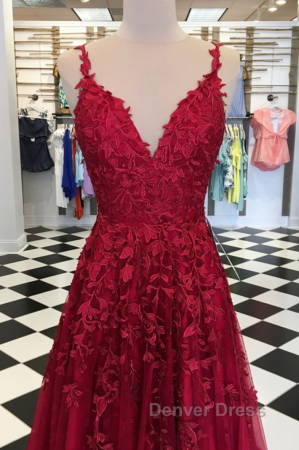A Line V Neck Burgundy Lace Prom Dress, Wine Burgundy Lace Prom Dresses