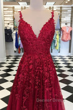 A Line V Neck Burgundy Lace Prom Dress, Wine Burgundy Lace Prom Dresses