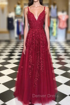 A Line V Neck Burgundy Lace Prom Dresses, Wine Red Lace Formal Evening Dresses