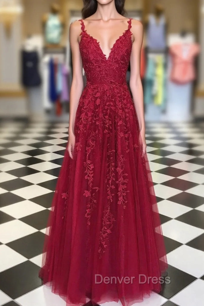 A Line V Neck Burgundy Lace Prom Dresses, Wine Red Lace Formal Evening Dresses