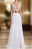 A-line V-neck Cap Sleeves Floor Length Chiffon Pearls Slit Prom Gown