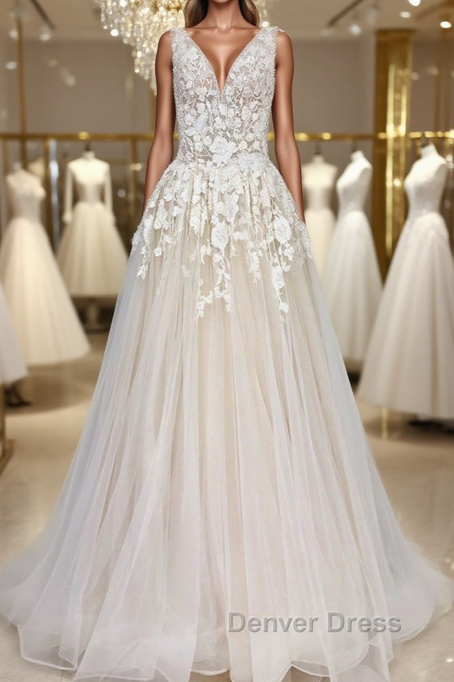 A Line V Neck Champagne Lace Long Prom Dress, Champagne Lace Prom Dress, Champagne Prom Dresses