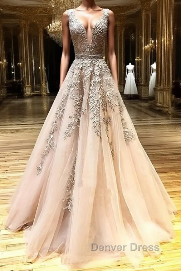 A Line V Neck Champagne Lace Prom Dress, V Neck Champagne Lace Prom Graduation Prom Dresses Main image