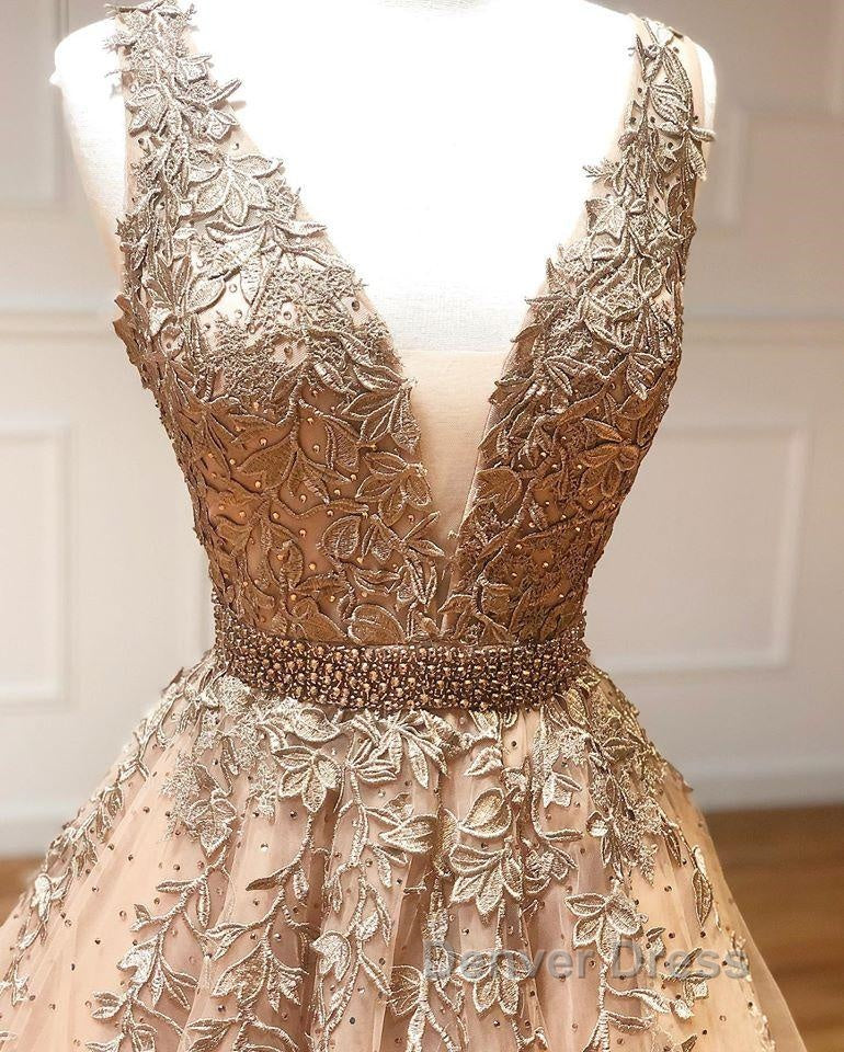 A Line V Neck Champagne Lace Prom Dress, V Neck Champagne Lace Prom Graduation Prom Dresses Secondary image