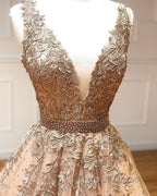 A Line V Neck Champagne Lace Prom Dress, V Neck Champagne Lace Prom Graduation Prom Dresses