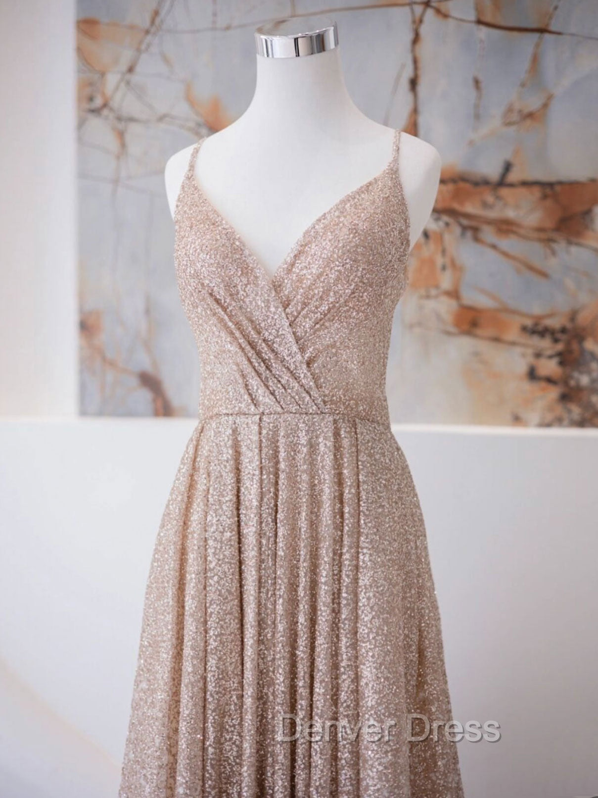 A Line V Neck Champagne Long Prom Dress, Shiny Tulle Champagne Prom Dresses