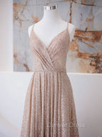 A Line V Neck Champagne Long Prom Dresses, Shiny Tulle Champagne Evening Dresses