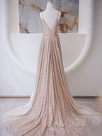 A Line V Neck Champagne Long Prom Dress, Shiny Tulle Champagne Prom Dresses