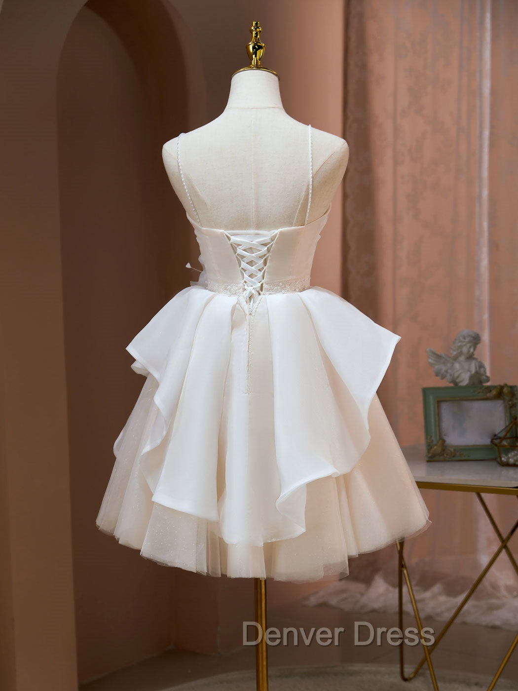 A Line V Neck Champagne Short Prom Dresses, Formal Mini Gown Cute Puffy Homecoming Dresses Secondary image