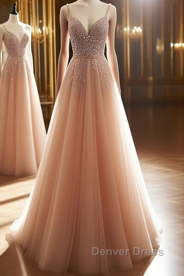 A Line V Neck Champagne Tulle Long Beaded Prom Dress, Champagne Long Prom Dresses