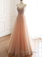 A Line V Neck Champagne Tulle Long Beaded Prom Dress, Champagne Long Prom Dresses